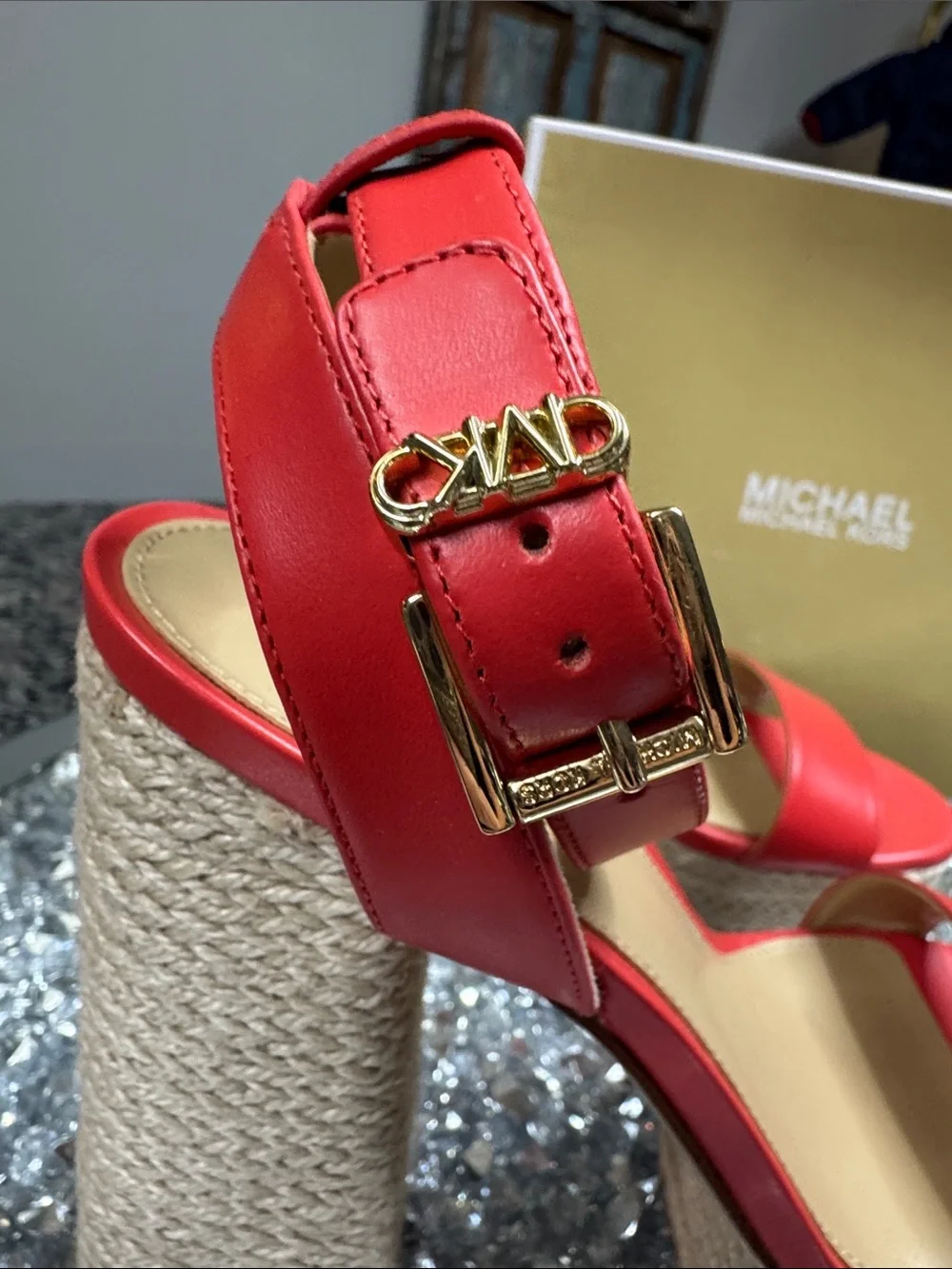 Michael Kors leather coral Red Platform Espadrille Heels with Gold Buckle logo